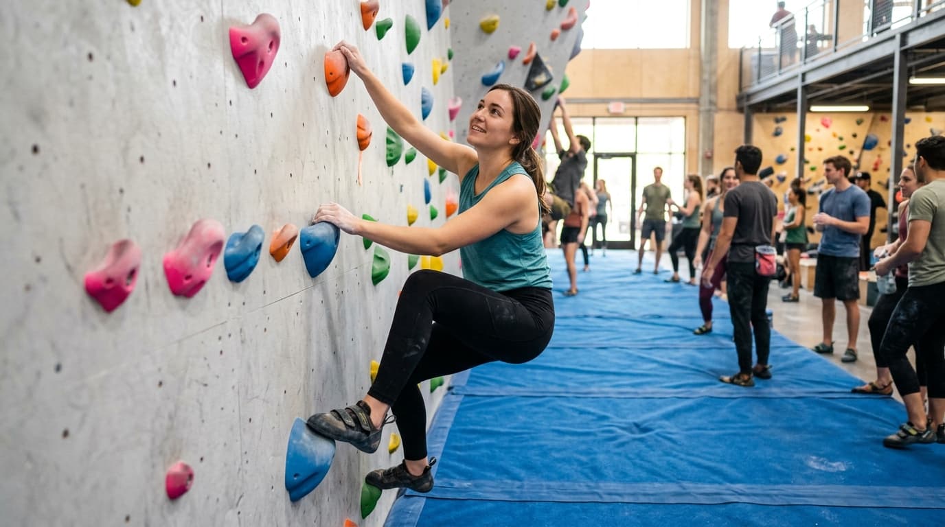 A first-time boulderer smiling partway up an easy vertical wall in a busy climbing gym