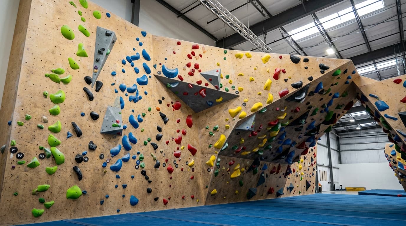 A bouldering gym wall set with color-coded routes and circular V-grade tags next to the starting holds