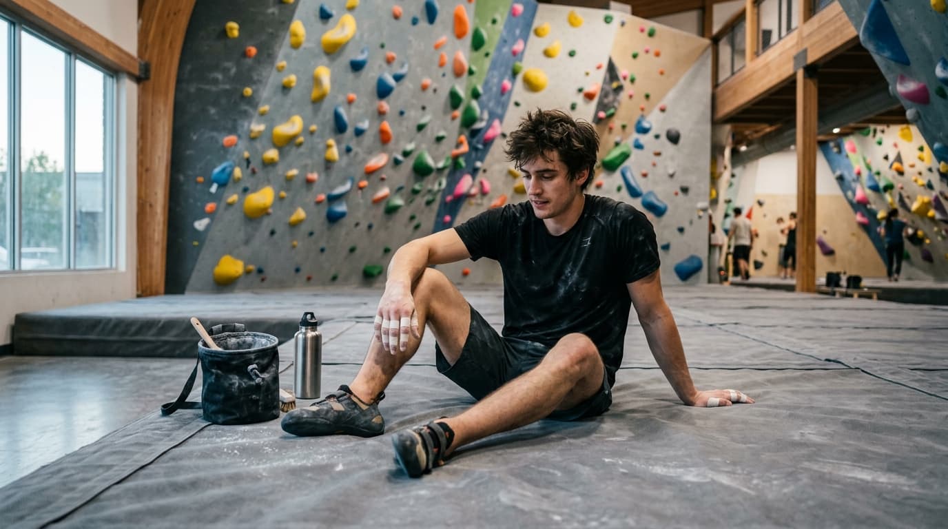 A boulderer resting on the gym mats between attempts with taped fingers and a chalk bucket nearby