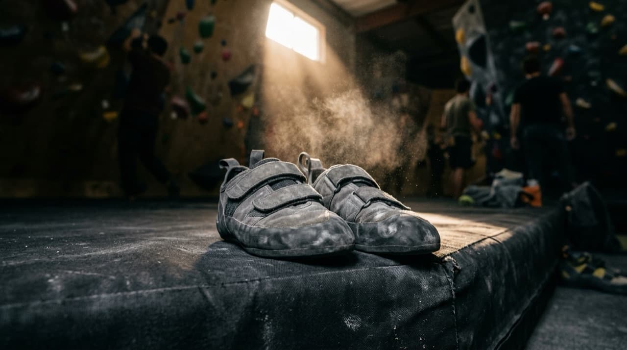 A pair of velcro climbing shoes on a bouldering gym crash pad, chalk dust drifting in the light