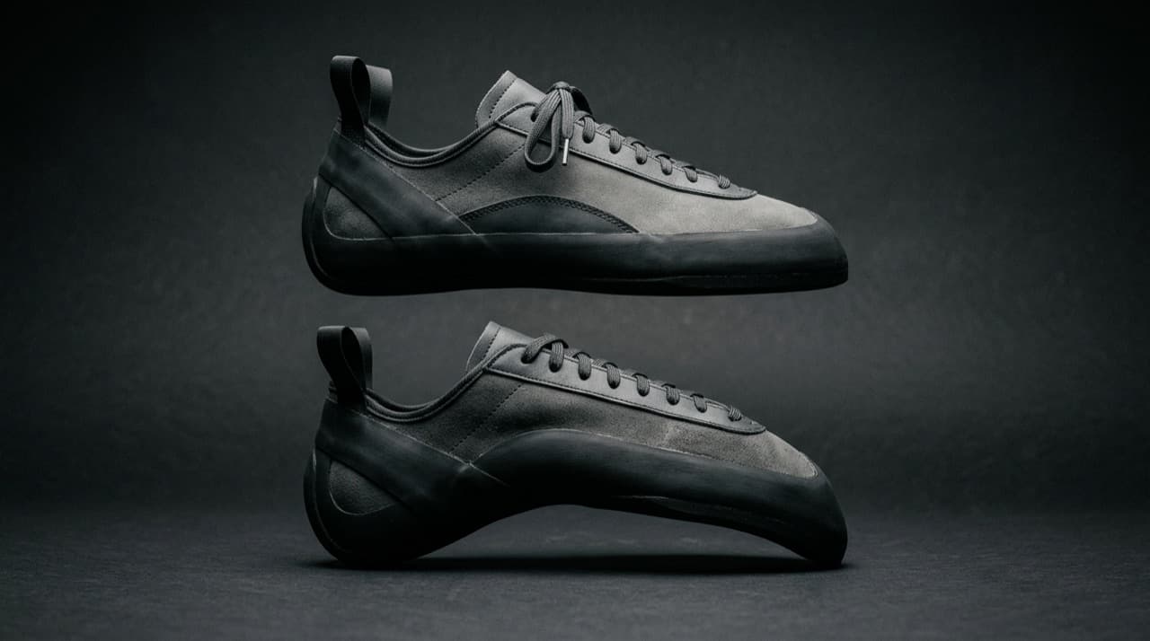 Side profiles of a flat neutral climbing shoe above an aggressively downturned climbing shoe