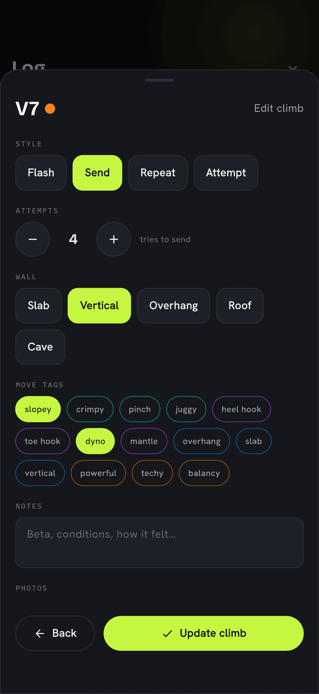 SENDO detailed climb entry showing style, attempts, wall angle, move tags, notes and photos