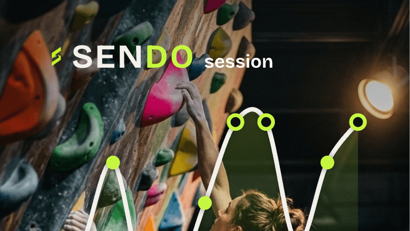 A SENDO Photo-trace share card with the send line drawn over a real climbing photo