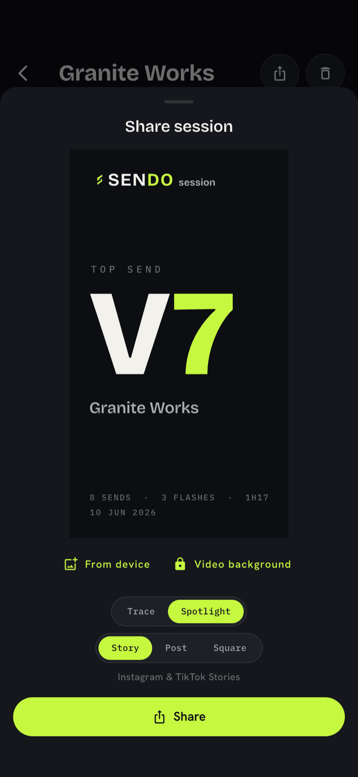 SENDO Spotlight share card showing a V7 top send on a dark background